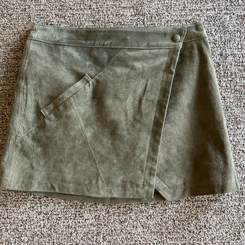 Olive green suede wrap mini skirt. Size 28.